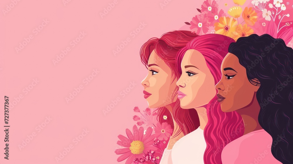 Illustration for Women's Day featuring a woman adorned with floral decoration. Celebrating Women's Day on March 8th. Illustration for Women's Day featuring a woman adorned with floral decoration. Celebrating Women's Day on March 8th.