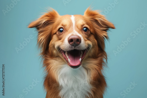 a dog with its eyes closed in joy, mouth open in a carefree smile against a light blue pastel background.