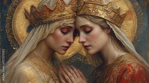 Painting of Two Women Wearing Crowns, Regal Portrayal of Empowered Royalty photo