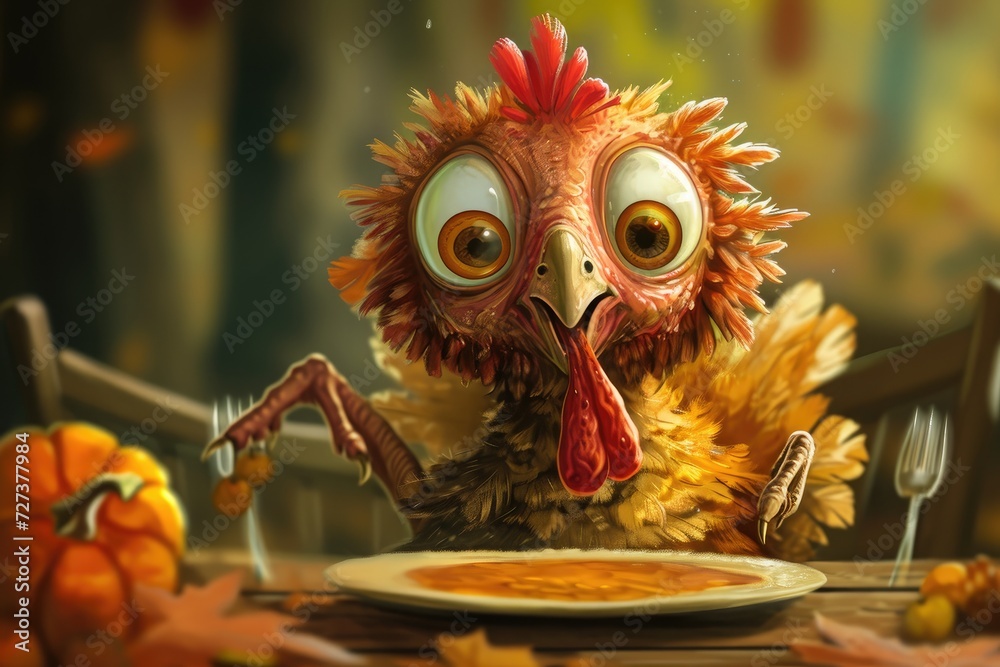 A chicken is sitting at a table, surrounded by a plate of food, A fun and light-hearted illustration of a turkey avoiding the Thanksgiving Dinner, AI Generated A chicken is sitting at a table, surrounded by a plate of food, A fun and light-hearted illustration of a turkey avoiding the Thanksgiving Dinner, AI Generated