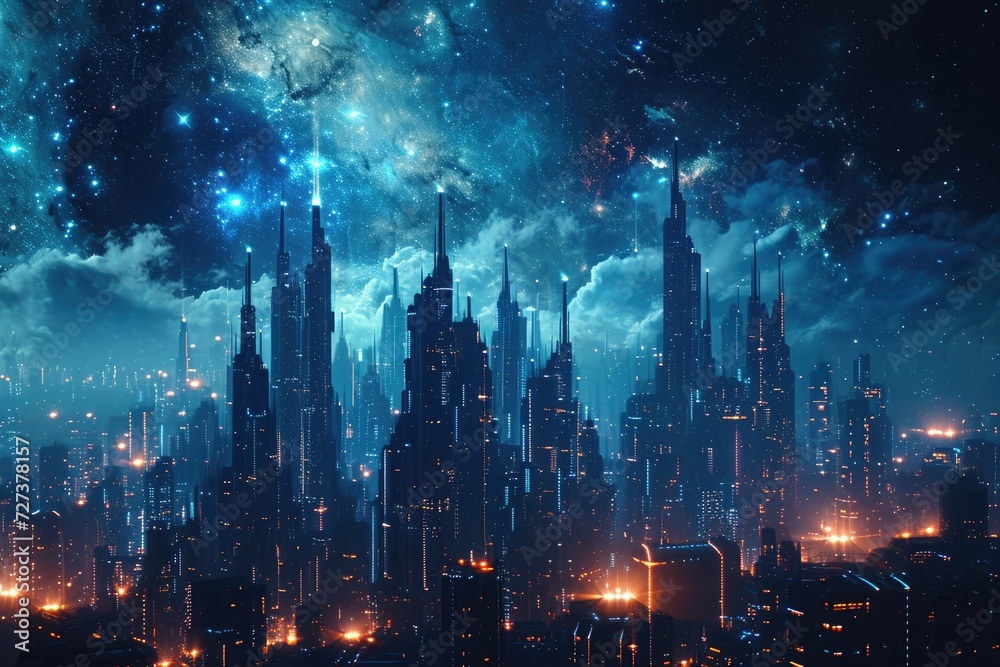 A cityscape at night, filled with bright stars twinkling in the sky above, A futuristic cityscape under a nebula-lit night sky, AI Generated