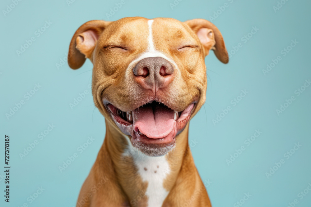 a dog with its eyes closed in joy, mouth open in a carefree smile against a light blue pastel background.