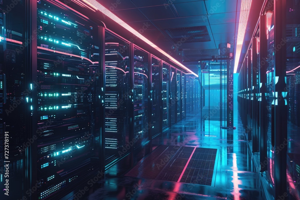 A spacious room filled with numerous servers, showcasing the technological infrastructure powering data storage and processing, A futuristic data center with glowing servers, AI Generated