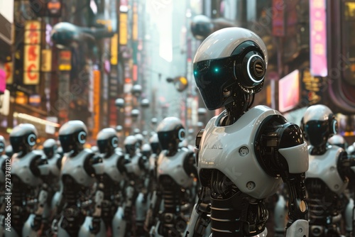 Several robots stand in a city, creating an intriguing and futuristic scene, A futuristic city populated by humanoid robots, AI Generated © Ifti Digital