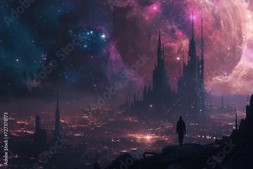 A man stands on top of a hill, overlooking a city below, A futuristic cityscape under a nebula-lit night sky, AI Generated