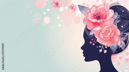 Illustration for Women's Day featuring a woman adorned with floral decoration. Celebrating Women's Day on March 8th.