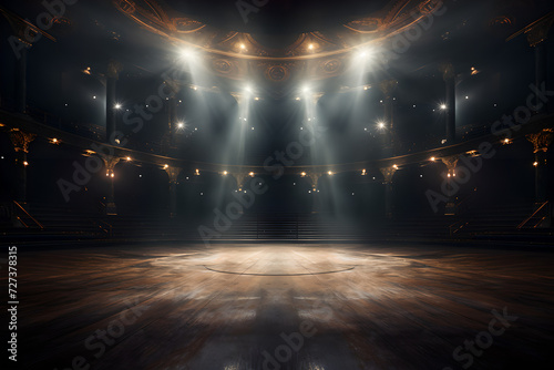 An empty stage lit up by spotlights and surrounded by smoke, with space for messages or logos in stage background.