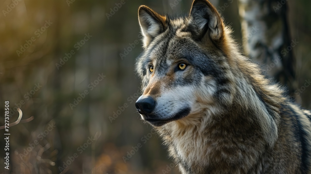Close-Up of a Majestic Wolf in Natural Habitat, Detailed Fur Texture, Intense Gaze Captured During Golden Hour