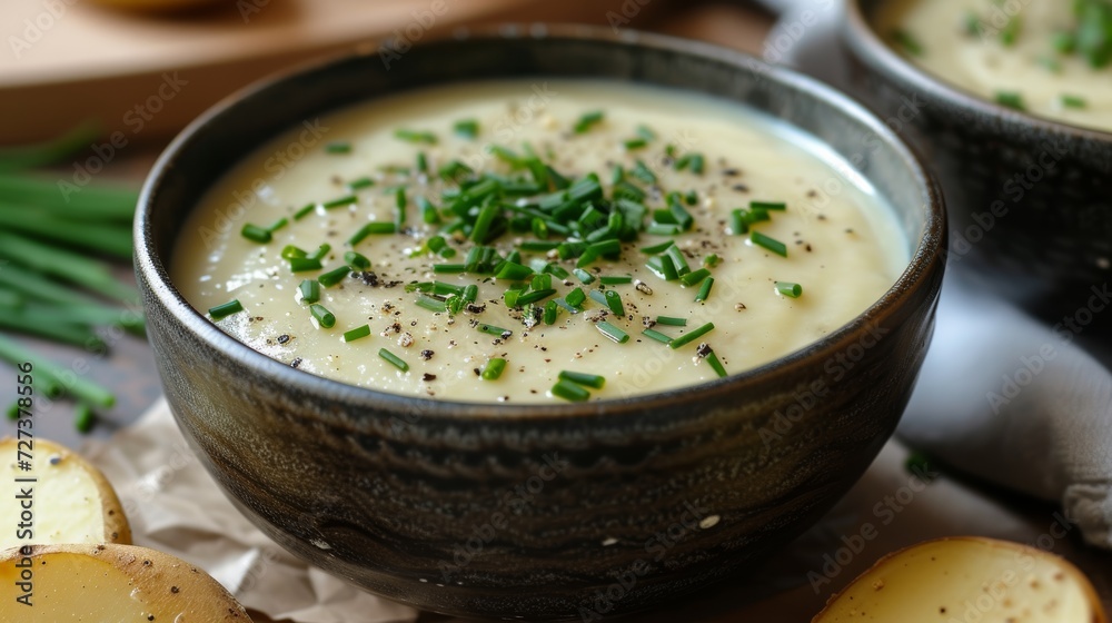 A bowl of creamy potato leek soup, silky in texture and garnished with fresh chives.