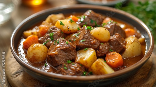 A hearty bowl of beef stew, with chunks of beef, potatoes, and carrots in a rich gravy