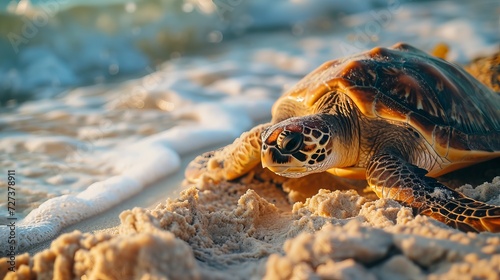 Close-up of a green sea turtle on a sandy beach with blue ocean waves