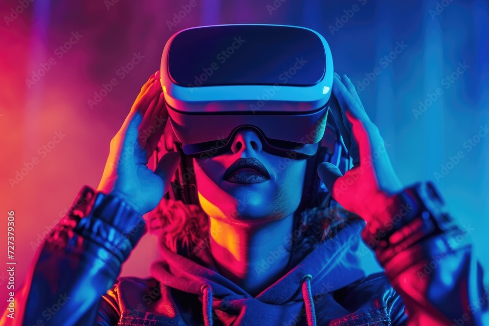 A woman is seen wearing a virtual reality headset, immersed in a digital experience, A futuristic look at the role of virtual reality in digital marketing, AI Generated