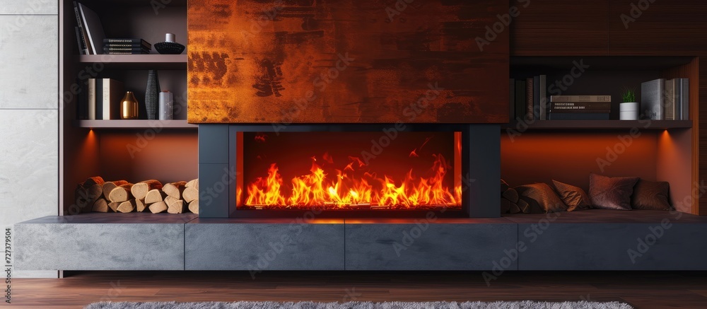 A contemporary electric fireplace with vibrant, glowing flames. A contemporary electric fireplace with vibrant, glowing flames.