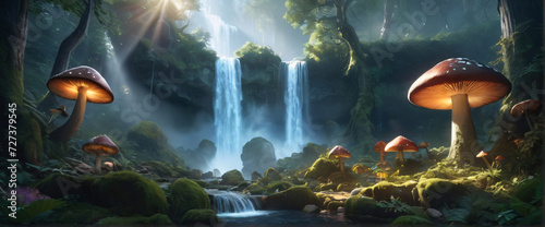 a mystical forest with towering ancient trees, glowing mushrooms, and a sparkling waterfall, rendered in stunning 3D realism, transporting you to a fantasy world filled with magic and wonder  © HumblePride