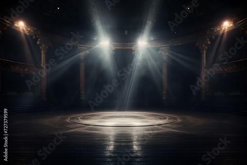 An empty stage lit up by spotlights and surrounded by smoke  with space for messages or logos in stage background. 
