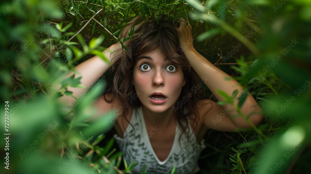 A woman wears a look of shock and surprise on her face while she finds herself lost in dense foliage A woman wears a look of shock and surprise on her face while she finds herself lost in dense foliage