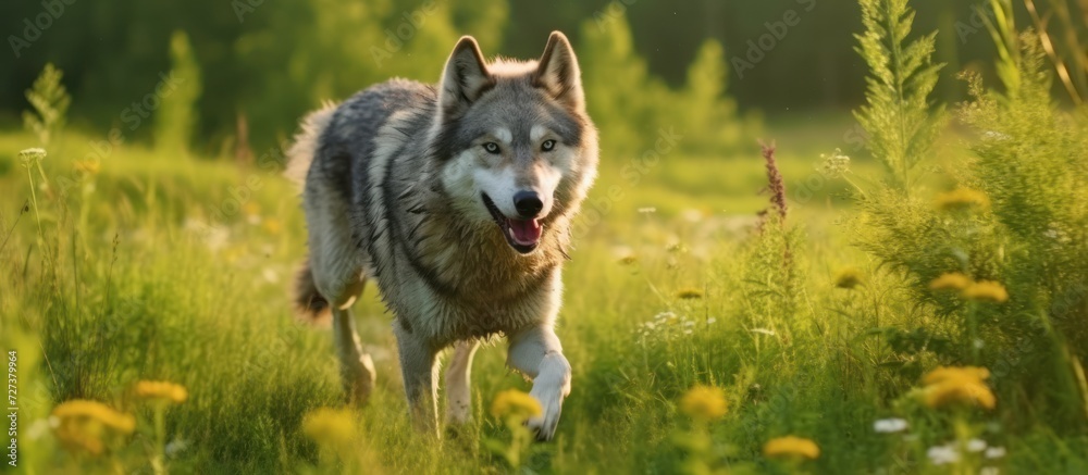 Wolf running in green meadow grassland
