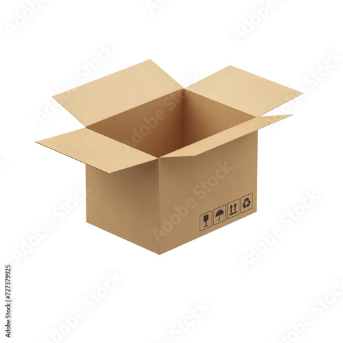Open shipping cardboard box isolated on white background. Icon or mockup. 3d rendering