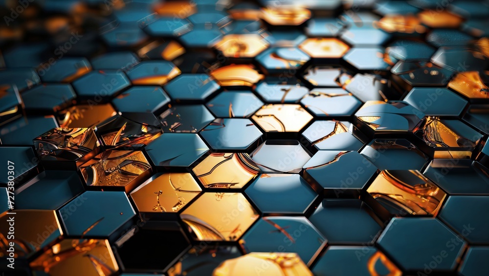 Golden Breaks: A Close-Up of Shattered Golden Hexagons Amidst Intact Blue Ones Golden Breaks: A Close-Up of Shattered Golden Hexagons Amidst Intact Blue Ones