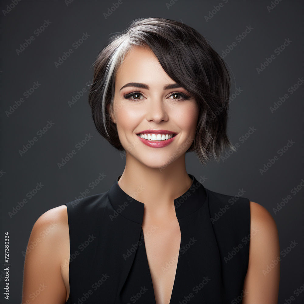 portrait of a smiling woman with a modern hair cut. Black background and black blouse. Business advertisement. portrait of a smiling woman with a modern hair cut. Black background and black blouse. Business advertisement.