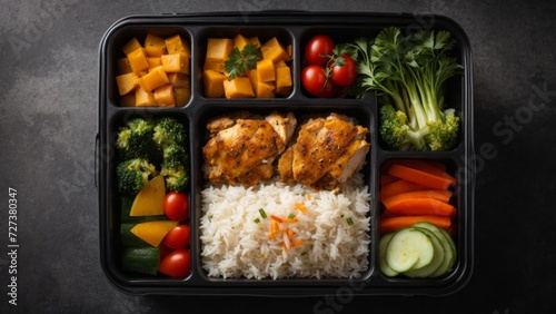 Healthy food container with cooked grilled chicken, a portion of rice and fresh vegetables © AS Company
