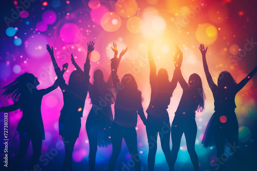 Group of people standing and raising hands in Silhouettes style, Silhouettes of people dancing, A concept photograph of party and festivity in silhouette form on abstract colorful Bokeh background