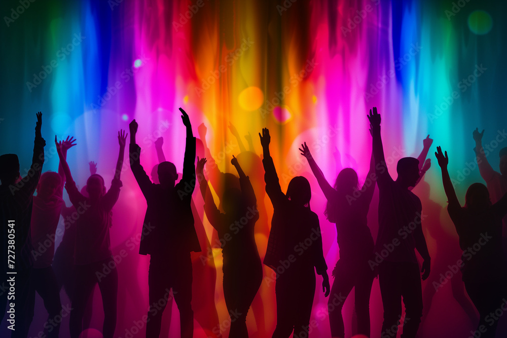 Group of people standing and raising hands in Silhouettes style, Silhouettes of people dancing, A concept photograph of party and festivity in silhouette form on abstract colorful Bokeh background