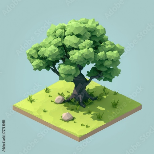 A tree in isometric view with low-poly, simplified details, and a cartoon style, created as a mobile game environment asset.
 photo