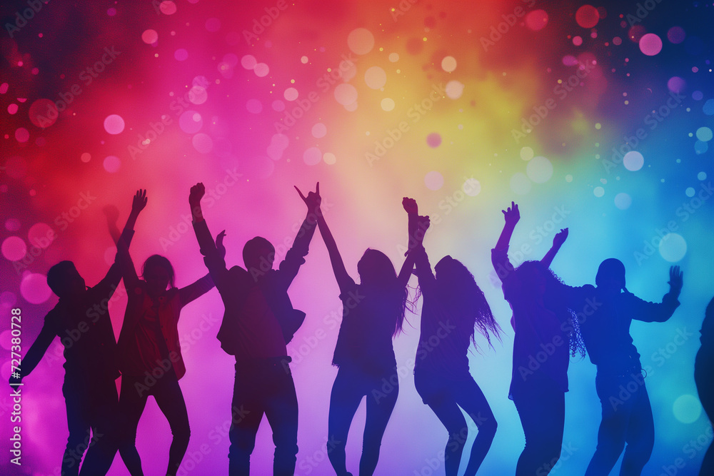 Group of people standing and raising hands in Silhouettes style, Silhouettes of people dancing, A concept photograph of party and festivity in silhouette form on abstract colorful Bokeh background