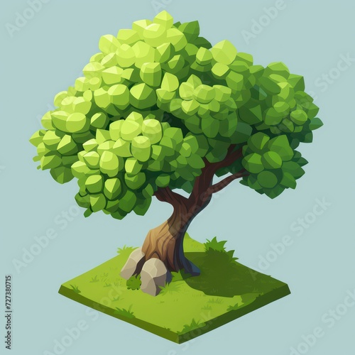 Isometric low-poly tree with simplified details and a cartoon style, designed for use as a mobile game environment asset photo