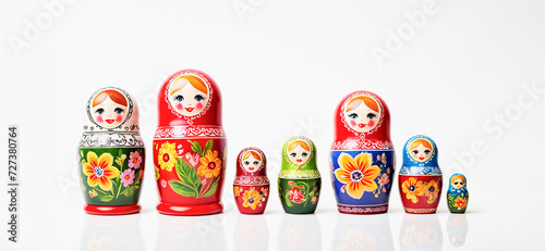 collezione di coloratissime matrioske russe su sfondo bianco photo
