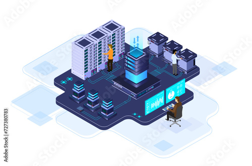 Data center or server room processing data operation with security protection and maintenance with isometric design style - vector	
