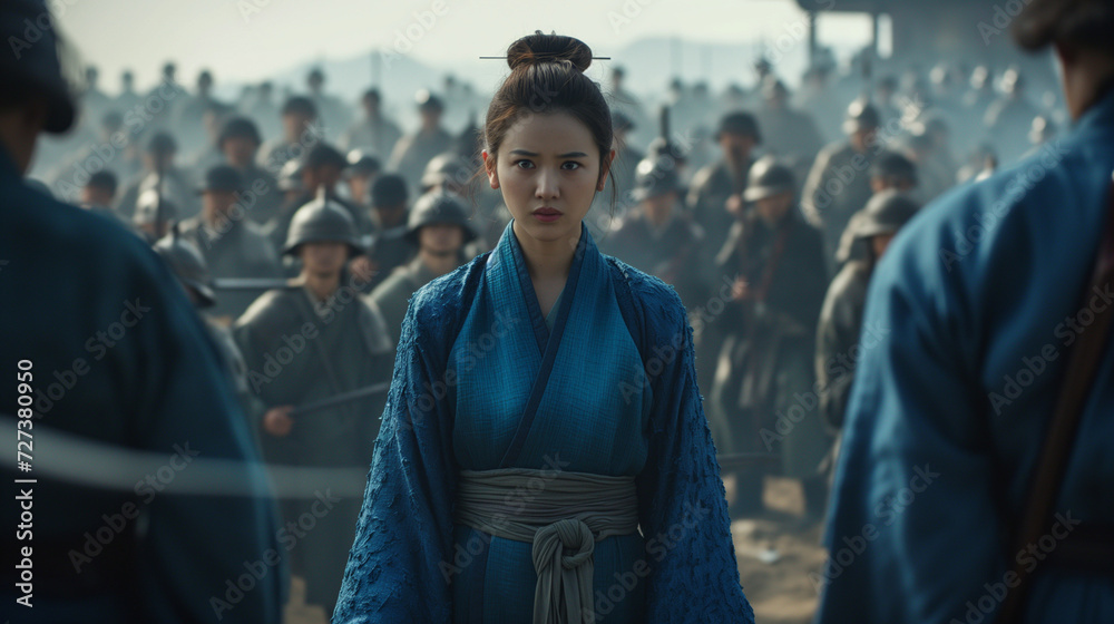 Fototapeta premium In ancient China, a determined woman clad in traditional blue attire stands with a combat-armored army at her back.
