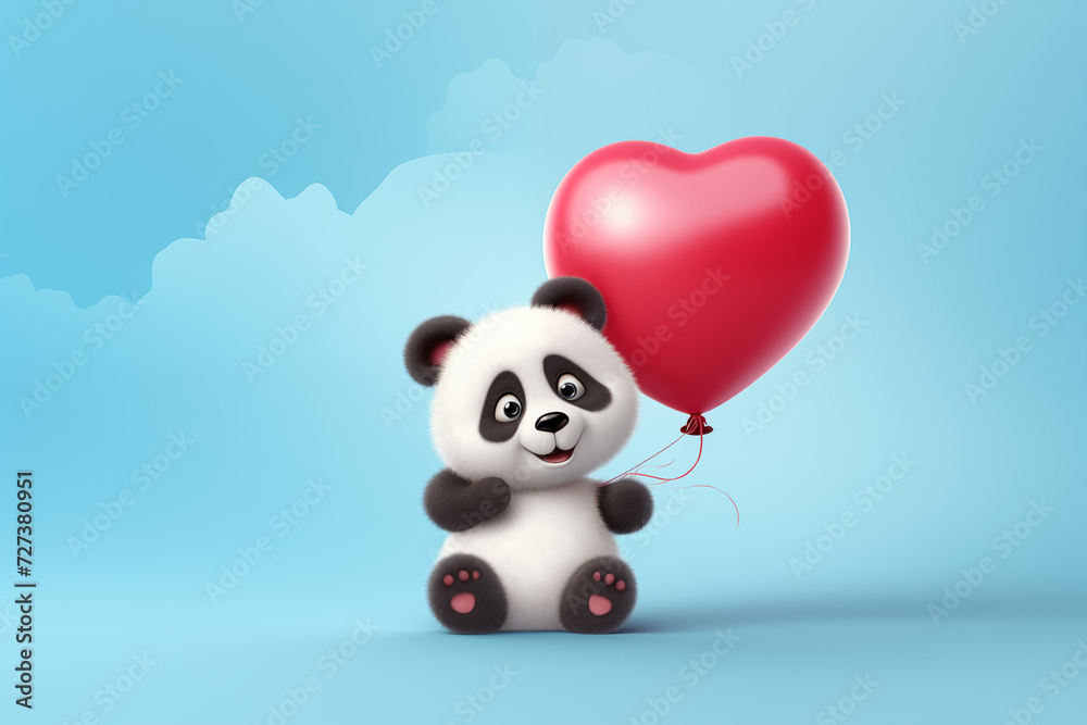 Cute panda bear holding a red heart balloon. Valentine's day background. Generative Ai Cute panda bear holding a red heart balloon. Valentine's day background. Generative Ai