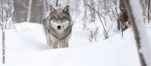 a wolf is looking for food in the deep snow in winter