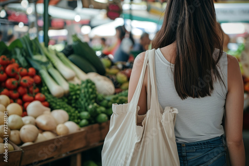 A bustling farmers market, a woman shops for fresh, organic produce, using her reusable eco bags, demonstrating her commitment to supporting local farmers and reducing plastic waste