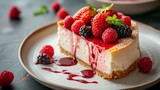 A luscious slice of strawberry cheesecake topped with fresh berries and a drizzle of sauce.