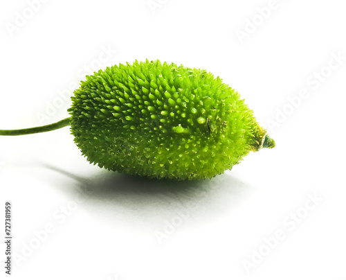 Spiny gourd or spine gourd also known as bristly balsma pear, prickly carolaho isolated on white background. photo