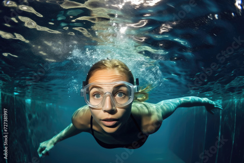 An underwater shot captures a woman with a snorkeling mask swimming gracefully, bubbles and light patterns dance around her in the aquatic environment.