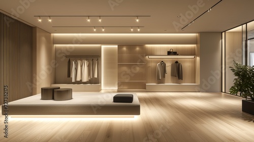 A minimalistic fashion showroom with spotlights highlighting elegant garments and accessories.