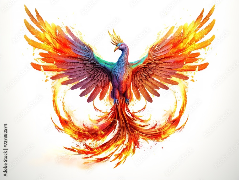 Obraz premium Phoenix Rising from Ashes Rebirth and Immortality Isolated on White Background AI Generated