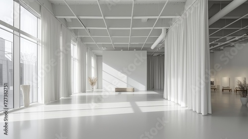 A minimalist fashion studio with a monochromatic color palette  embodying refined simplicity