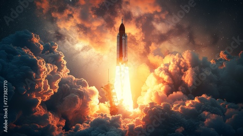 A space launch, with flames and plumes of smoke propelling a rocket into the heavens.