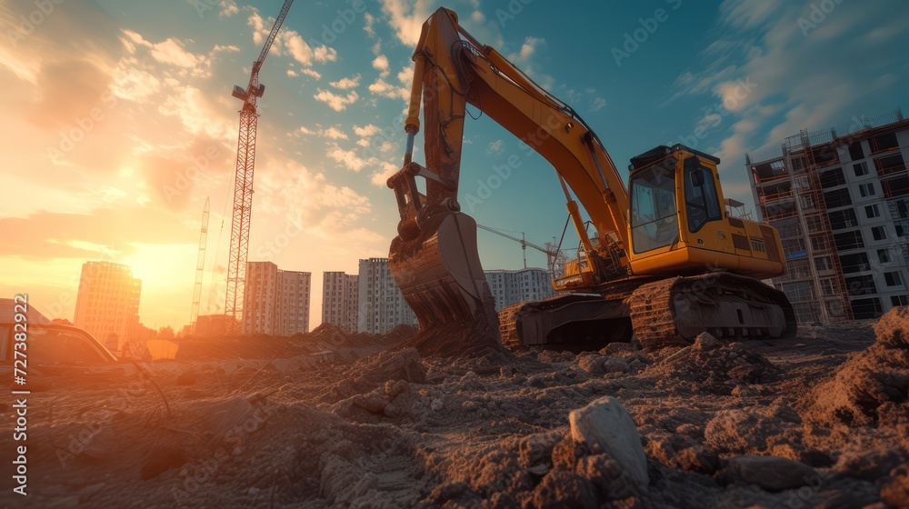 Excavator heavy equipment is operating in a construction project area Excavator heavy equipment is operating in a construction project area
