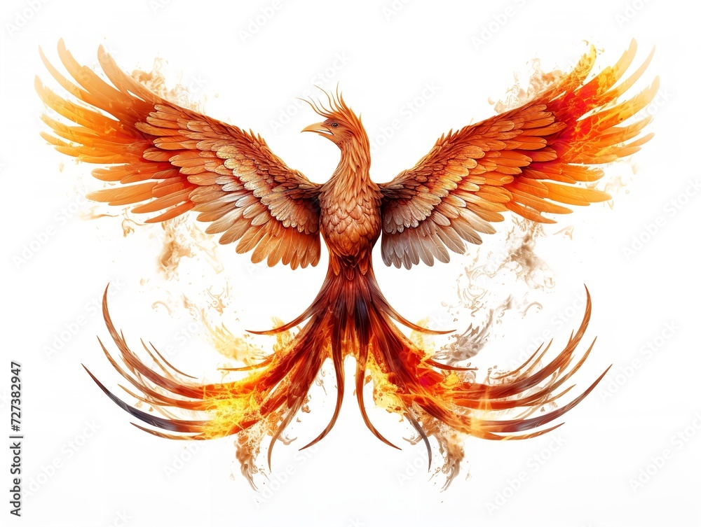 Obraz premium Phoenix Rising from Ashes Rebirth and Immortality Isolated on White Background AI Generated