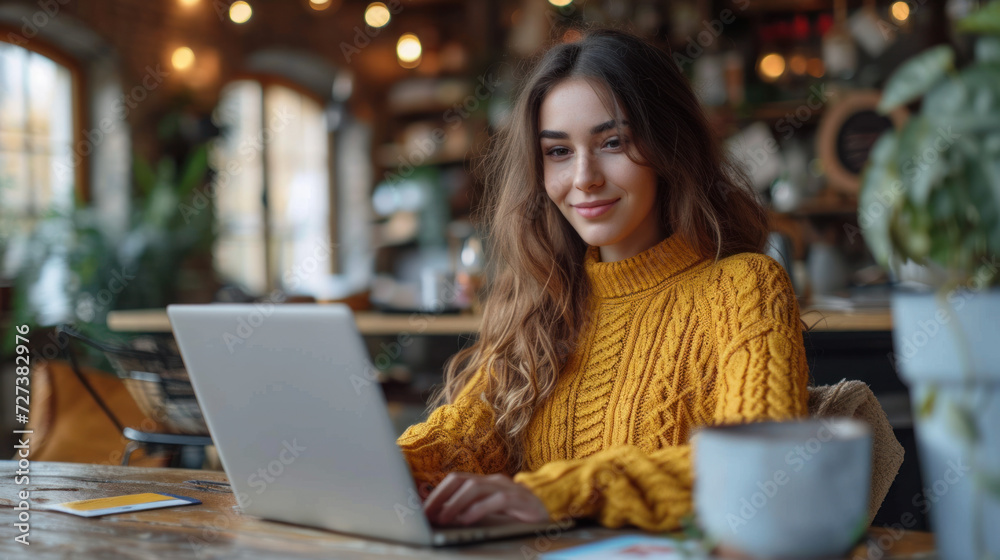 Fototapeta premium A young brunette woman sitting at a desk, shopping online with a credit card.