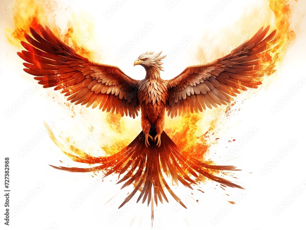 Naklejka premium Phoenix Rising from Ashes Rebirth and Immortality Isolated on White Background AI Generated
