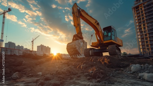 Construction site with the operation of a heavy equipment excavator.