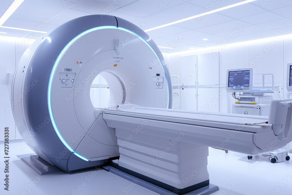 This photo showcases a hospital room with a prominently placed large machine, A high-tech MRI scanner in a clinical setting, AI Generated