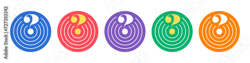 set of question marks in rings. question marks in five color round. question mark concept